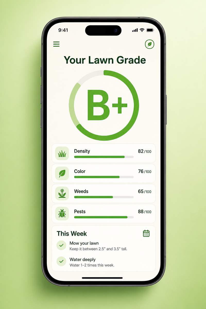 LawnAI app showing a B+ lawn grade with density, color, weeds, and pests scores